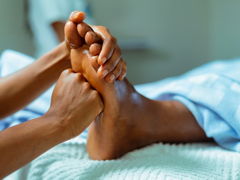A restful foot reflexology session in progress